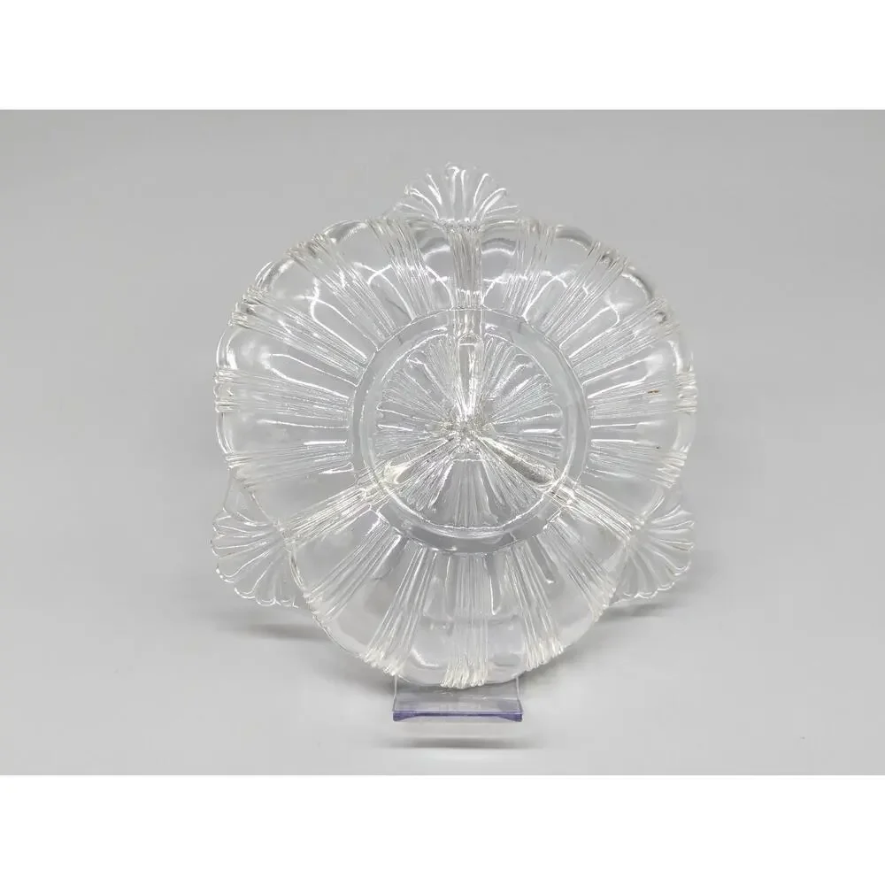 Vintage Hazel Atlas Clear Glass Divided Dish Bowl 3 Part Handles Sections 6.5